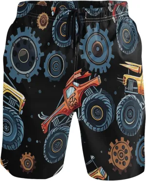 Monster Trucks Gears Black Mens Swim Trunks Funny Elastic Quick Dry Surf Beach Swimming Shorts S