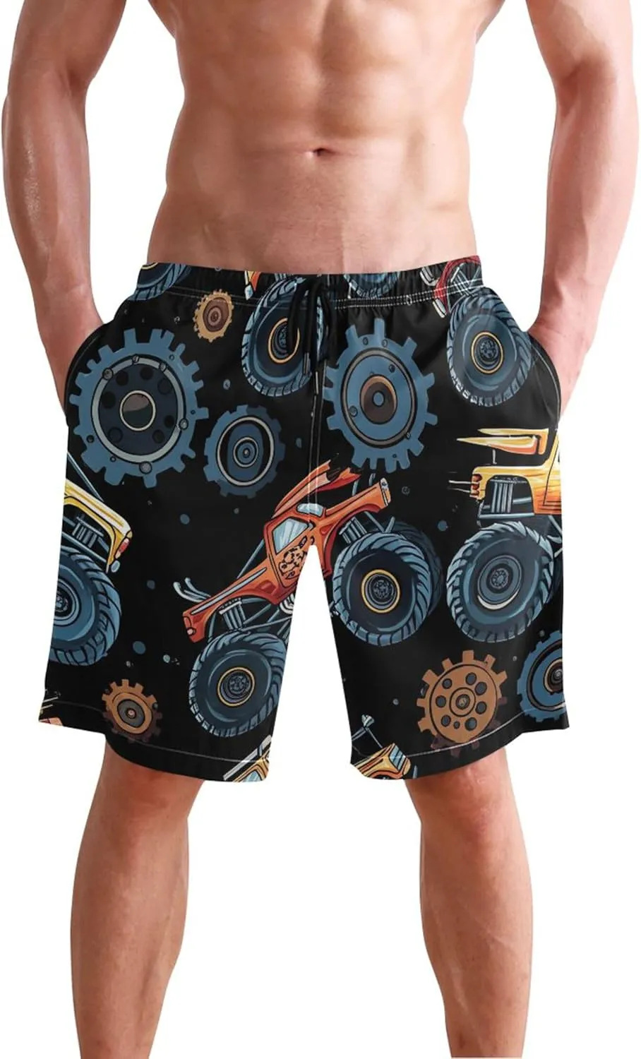 Monster Trucks Gears Black Mens Swim Trunks Funny Elastic Quick Dry Surf Beach Swimming Shorts S