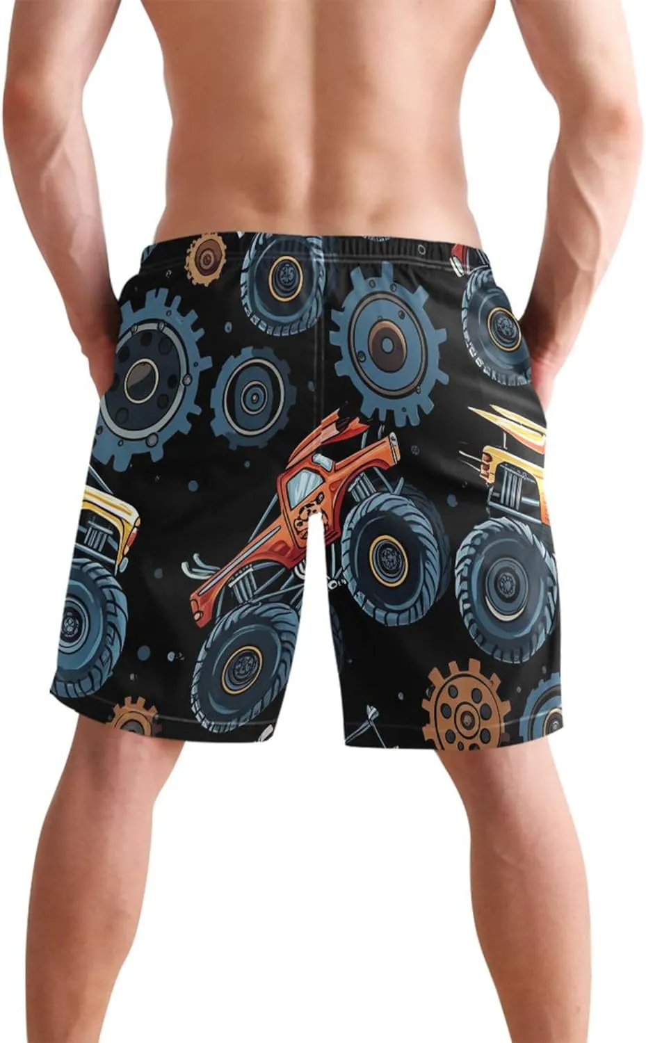 Monster Trucks Gears Black Mens Swim Trunks Funny Elastic Quick Dry Surf Beach Swimming Shorts S