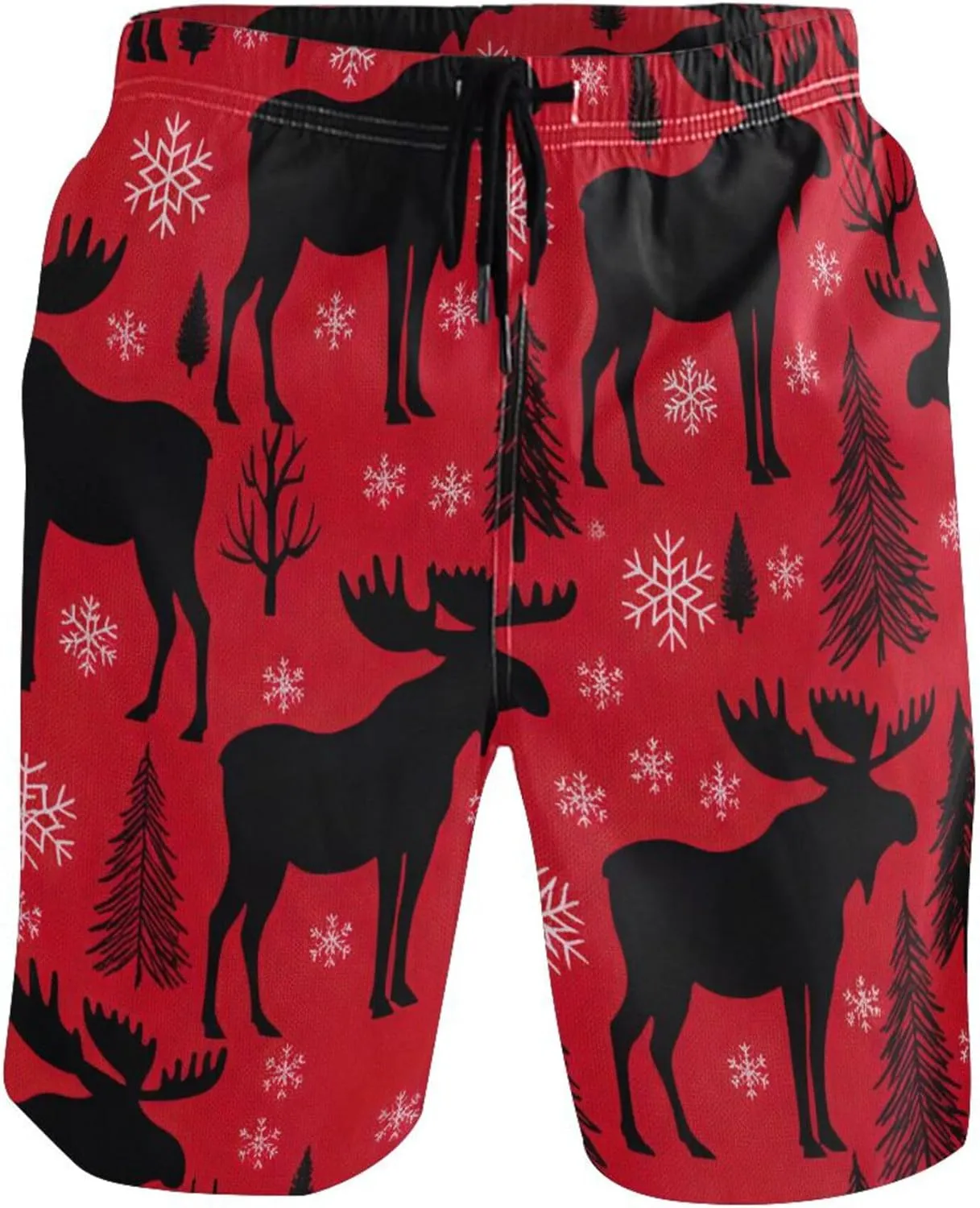 Moose Snowflakes Pine Red Swimming Shorts Beach Custom Mens Swim Trunks Funny Swimwear Bathing Suits S