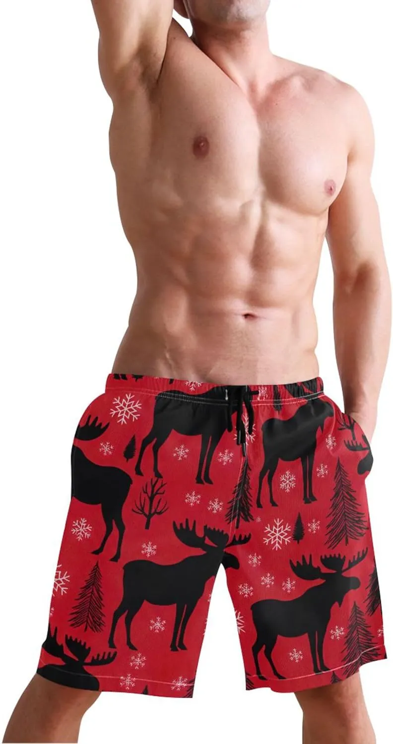 Moose Snowflakes Pine Red Swimming Shorts Beach Custom Mens Swim Trunks Funny Swimwear Bathing Suits S