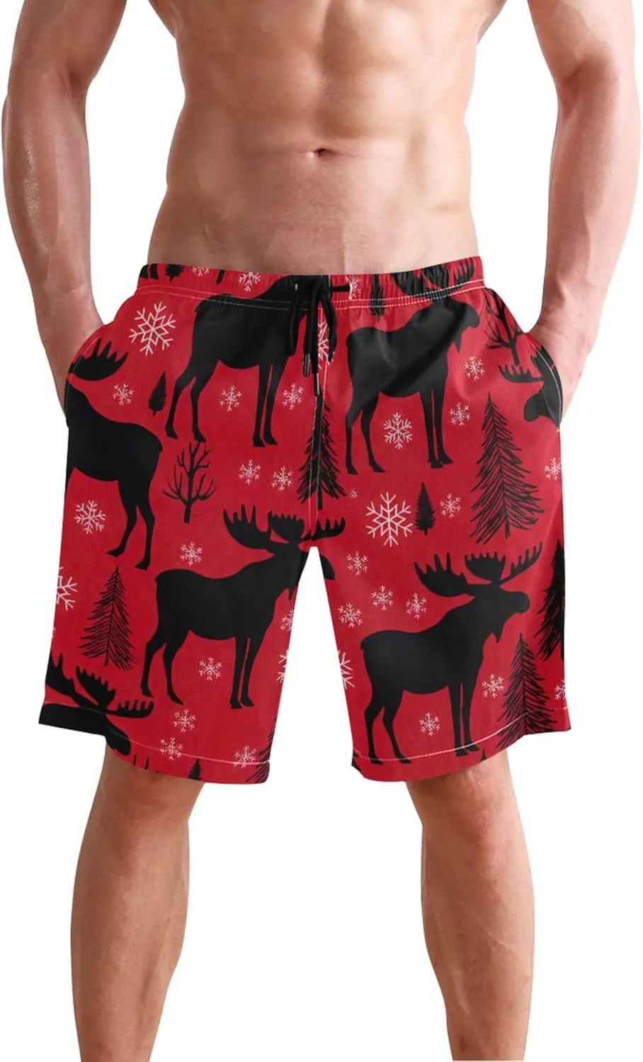 Moose Snowflakes Pine Red Swimming Shorts Beach Custom Mens Swim Trunks Funny Swimwear Bathing Suits S