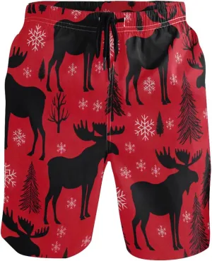 Moose Snowflakes Pine Red Swimming Shorts Beach Custom Mens Swim Trunks Funny Swimwear Bathing Suits S