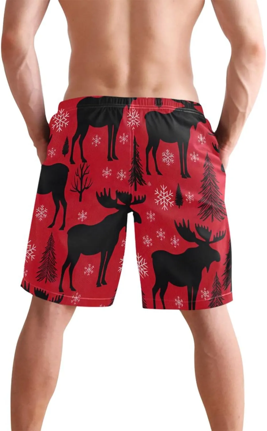 Moose Snowflakes Pine Red Swimming Shorts Beach Custom Mens Swim Trunks Funny Swimwear Bathing Suits S