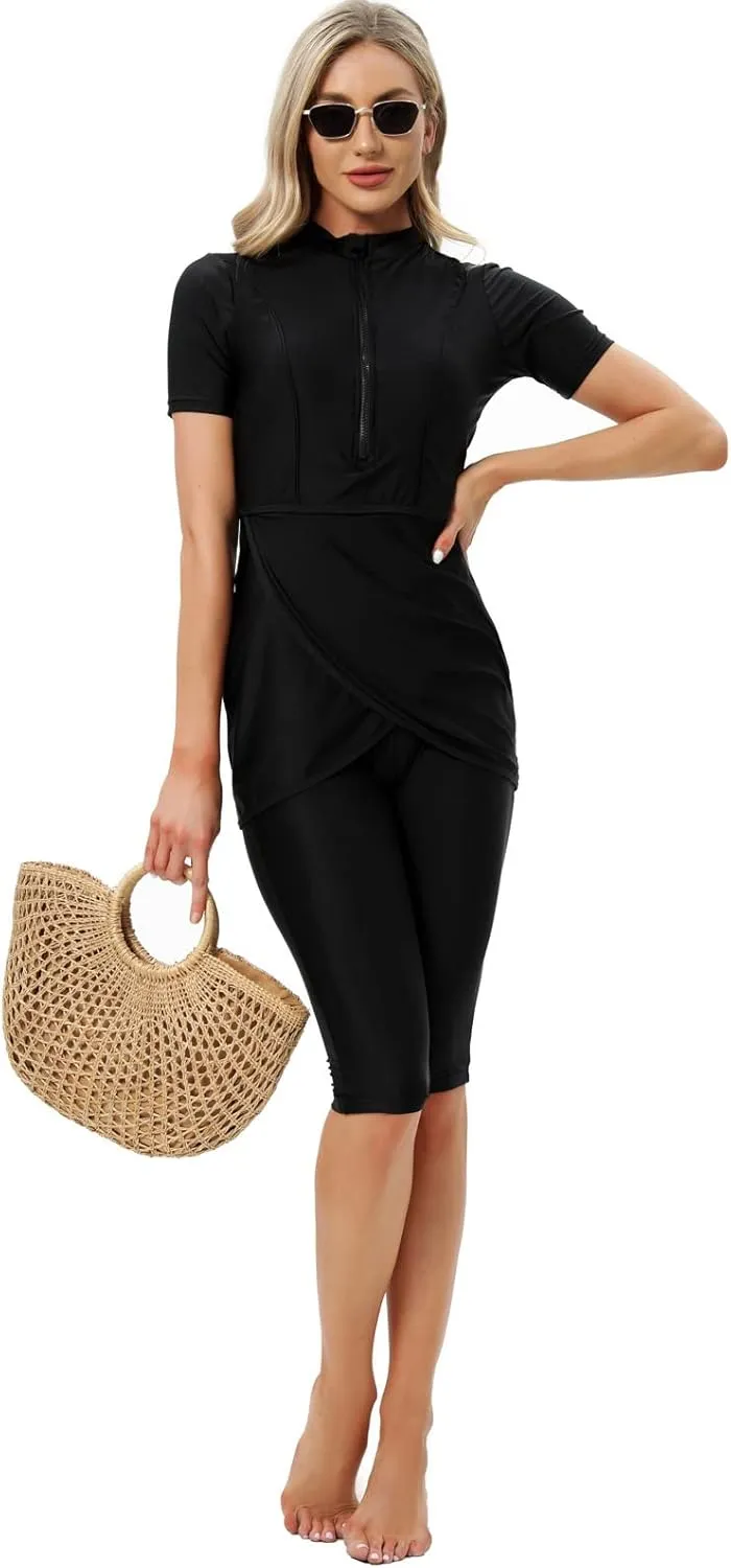 Muslim Swimsuits for Women Modest Full Cover Swimwear Short Burkini Top Pants Hijab Islamic Swimsuit 3Pcs Rashguard