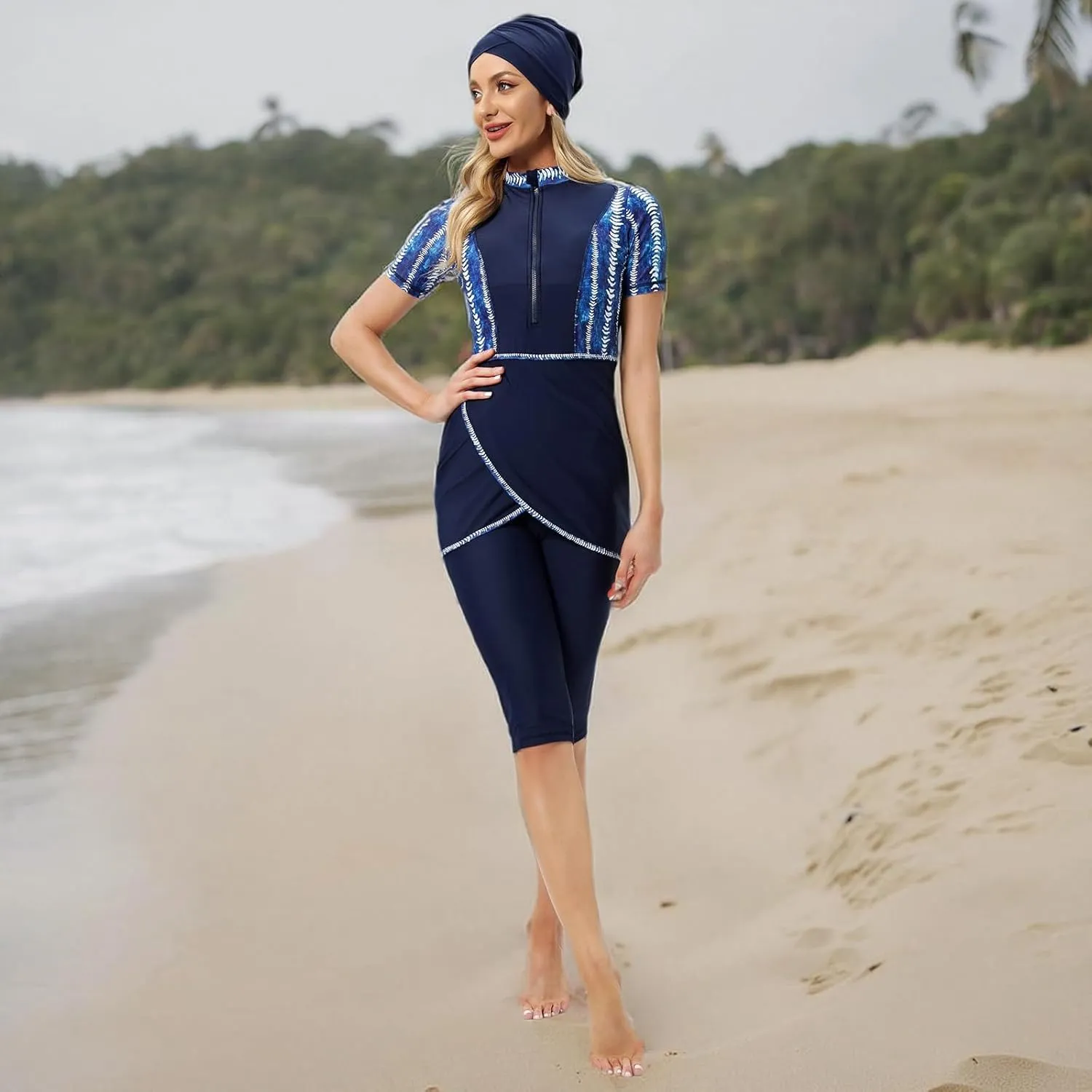 Muslim Swimsuits for Women Modest Full Cover Swimwear Short Burkini Top Pants Hijab Islamic Swimsuit 3Pcs Rashguard