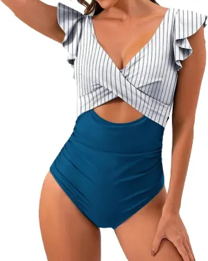 Muyise Women's One Piece Swimsuit Ruffle Cutout Bathing Suits Slimming Tummy Control V Neck Wrap High Waisted Swimwear