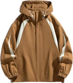 NATHGAM Men's Ski Waterproof Jackets Windproof Lightweight Hooded Jackets Color Block Loose Outdoor Hiking Windbreaker Coats