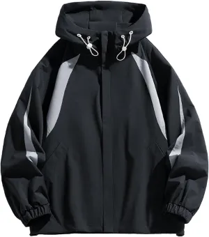 NATHGAM Men's Ski Waterproof Jackets Windproof Lightweight Hooded Jackets Color Block Loose Outdoor Hiking Windbreaker Coats