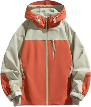 NATHGAM Men's Ski Waterproof Jackets Windproof Lightweight Hooded Jackets Color Block Loose Outdoor Hiking Windbreaker Coats