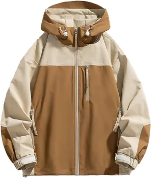 NATHGAM Men's Ski Waterproof Jackets Windproof Lightweight Hooded Jackets Color Block Loose Outdoor Hiking Windbreaker Coats