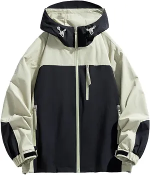 NATHGAM Men's Ski Waterproof Jackets Windproof Lightweight Hooded Jackets Color Block Loose Outdoor Hiking Windbreaker Coats