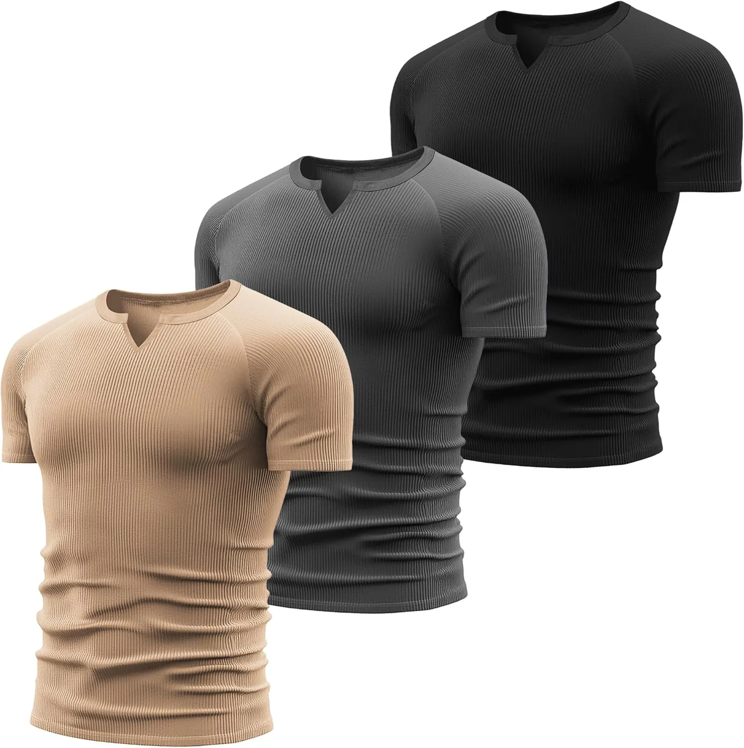 Neer 3 Pack Men's Big and Tall T Shirts Henley V Neck Short Sleeves Ribbed Slim Fit Muscle Gym Tops 2025 Summer Basic Tee