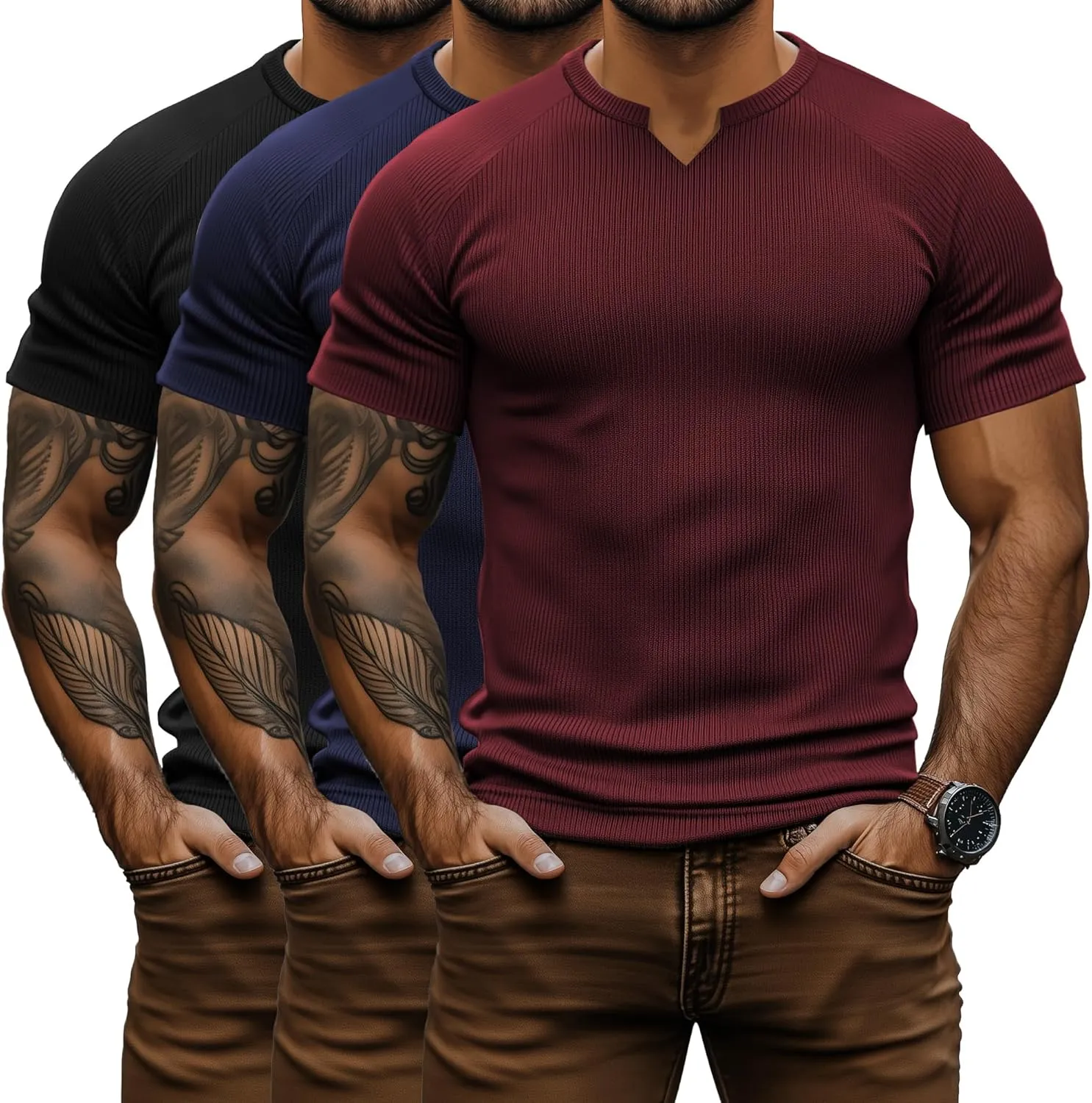 Neer 3 Pack Men's Big and Tall T Shirts Henley V Neck Short Sleeves Ribbed Slim Fit Muscle Gym Tops 2025 Summer Basic Tee