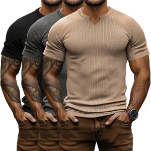 Neer 3 Pack Men's Big and Tall T Shirts Henley V Neck Short Sleeves Ribbed Slim Fit Muscle Gym Tops 2025 Summer Basic Tee