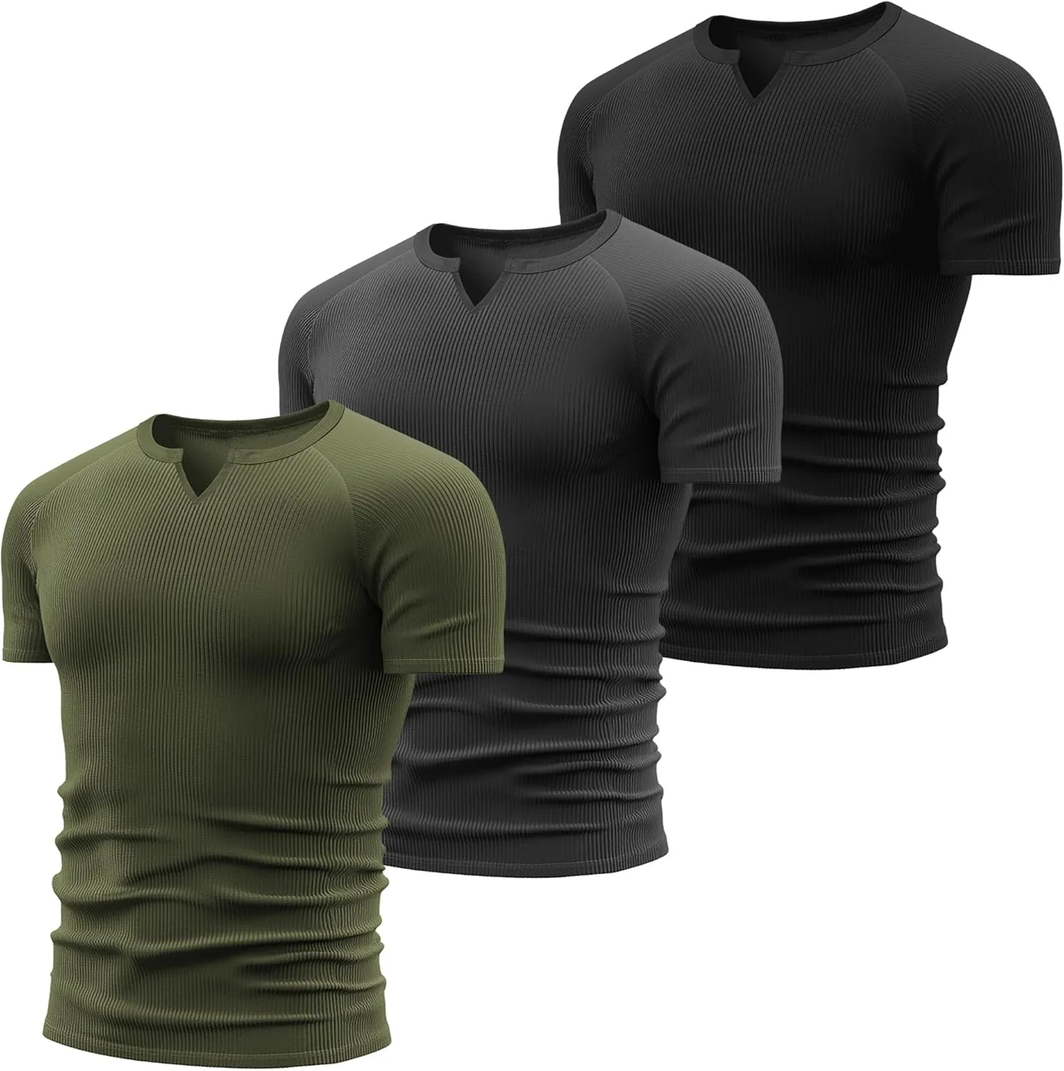 Neer 3 Pack Men's Big and Tall T Shirts Henley V Neck Short Sleeves Ribbed Slim Fit Muscle Gym Tops 2025 Summer Basic Tee