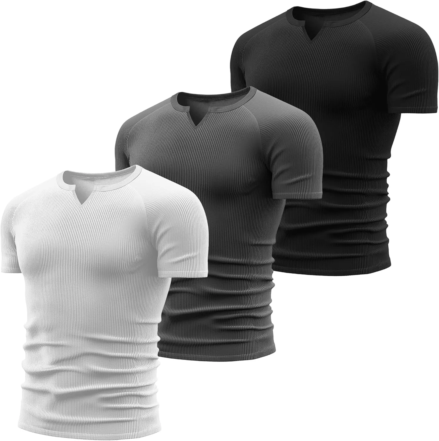 Neer 3 Pack Men's Big and Tall T Shirts Henley V Neck Short Sleeves Ribbed Slim Fit Muscle Gym Tops 2025 Summer Basic Tee