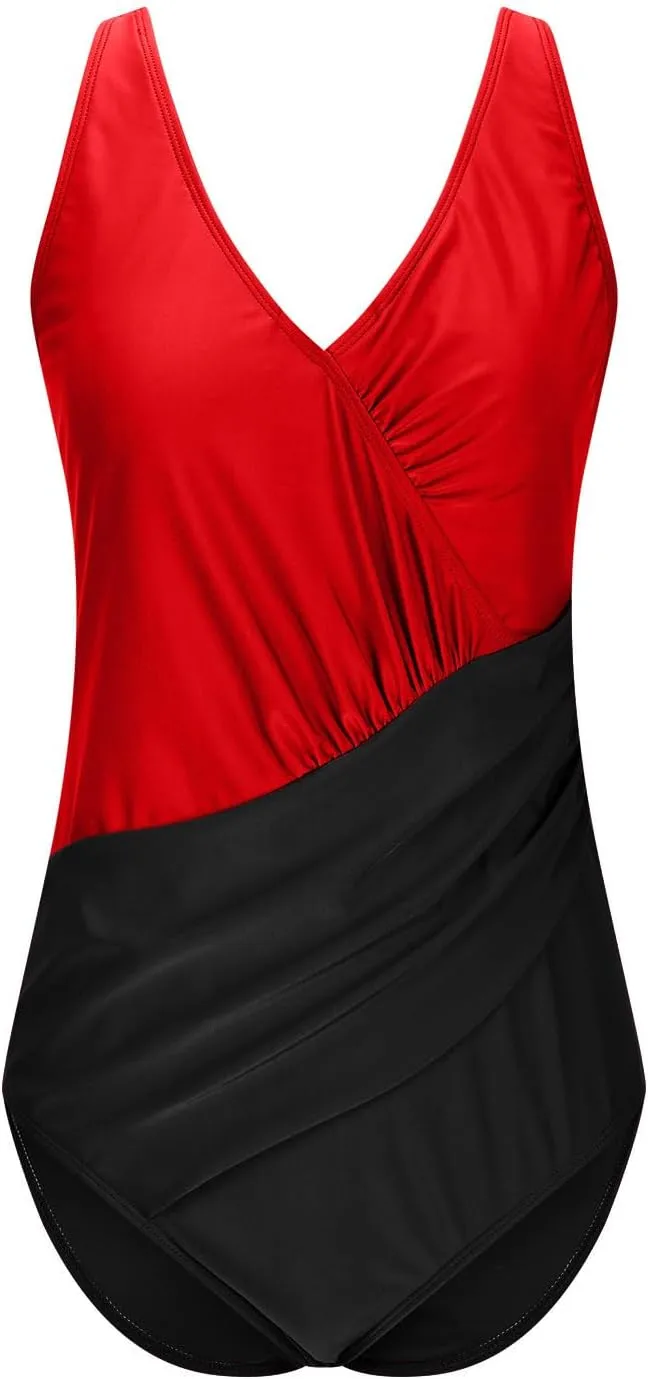 One Piece Swimsuit Women Sexy Deep V Neck Backless Swimwear Pleated Color Block Bathing Suits Tummy Control Beach Wear