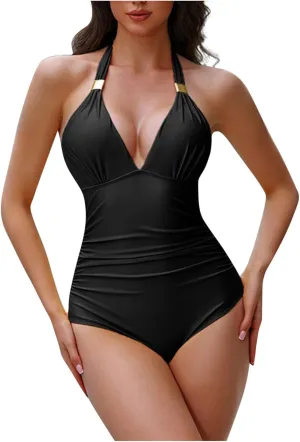 One Piece Swimsuit Women Sexy Solid Color Backless Strap Bikini Swimwear Tummy Control V Neck Bathing Suit