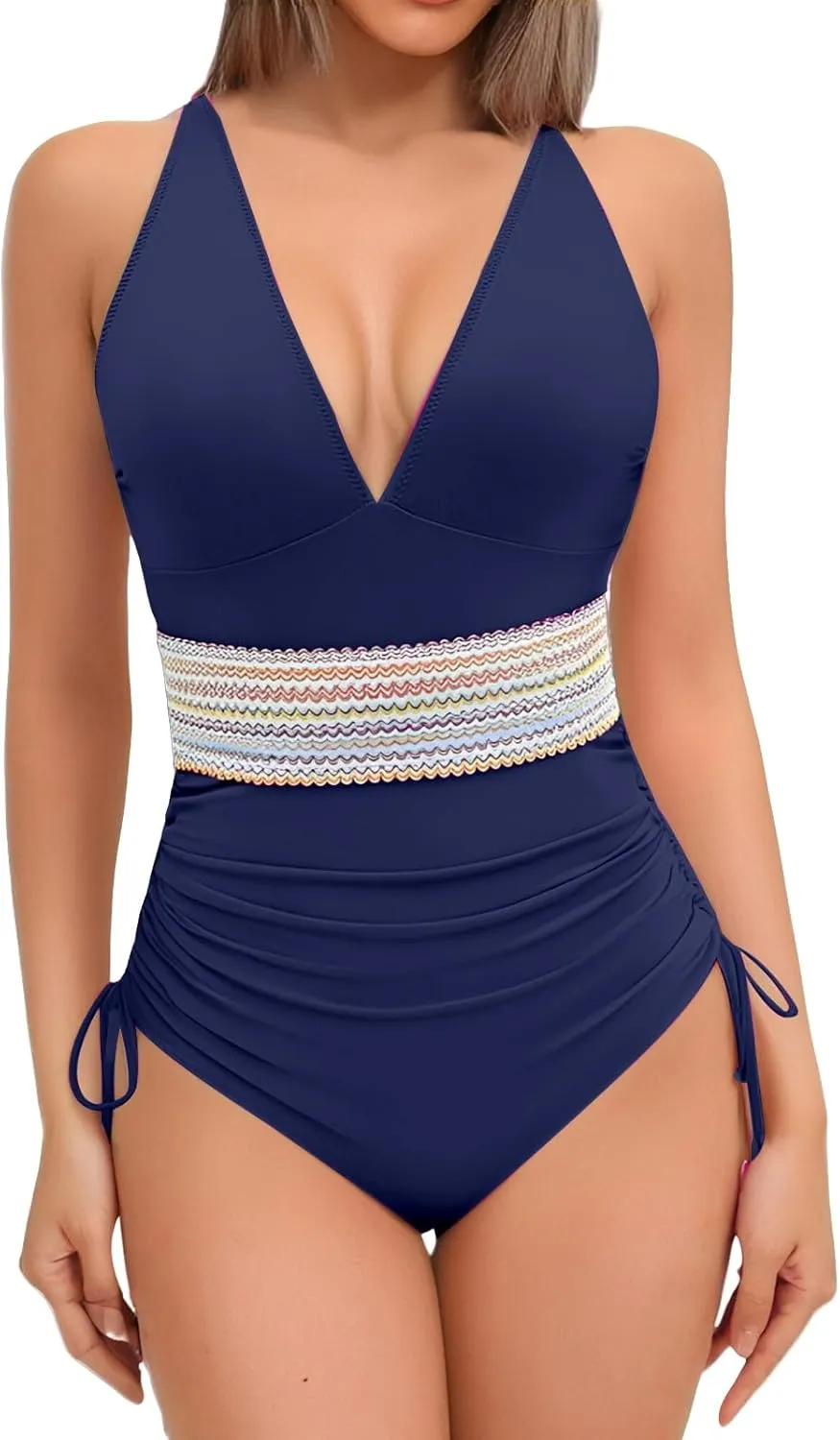 One Piece Swimsuit Womens Tummy Control Sexy Mesh Hollow Out Bathing Suits Color Block Drawstring Swim Suits