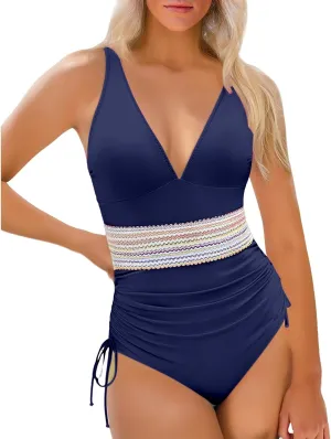 One Piece Swimsuit Womens Tummy Control Sexy Mesh Hollow Out Bathing Suits Color Block Drawstring Swim Suits