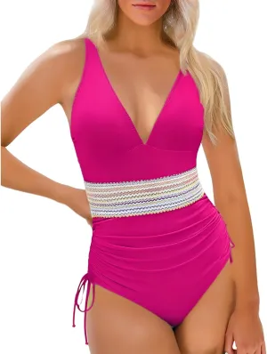 One Piece Swimsuit Womens Tummy Control Sexy Mesh Hollow Out Bathing Suits Color Block Drawstring Swim Suits