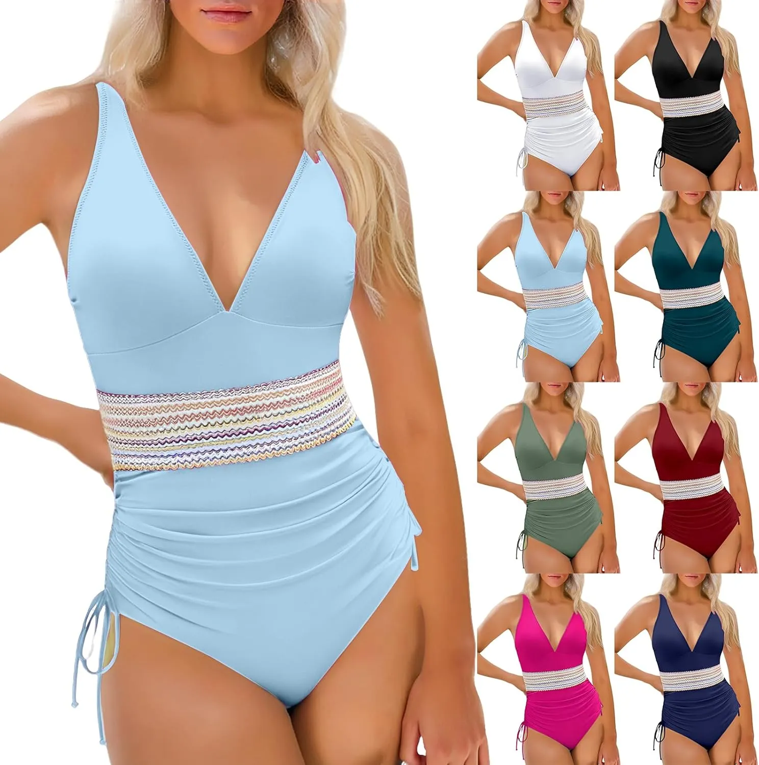 One Piece Swimsuit Womens Tummy Control Sexy Mesh Hollow Out Bathing Suits Color Block Drawstring Swim Suits