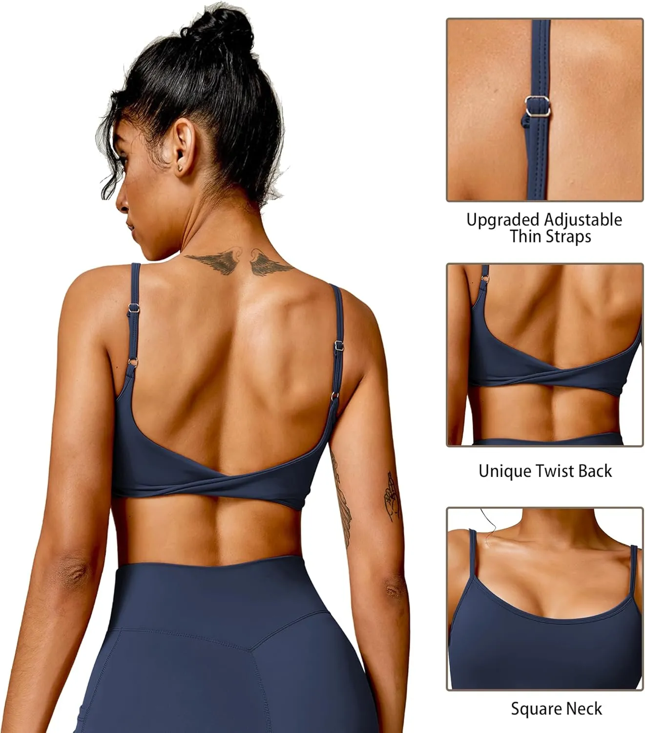 Open Back Sports Bra Workout Tops for Women Built in Bra Square Neck Crop Tank Top Yoga Bra Twist Back Cami