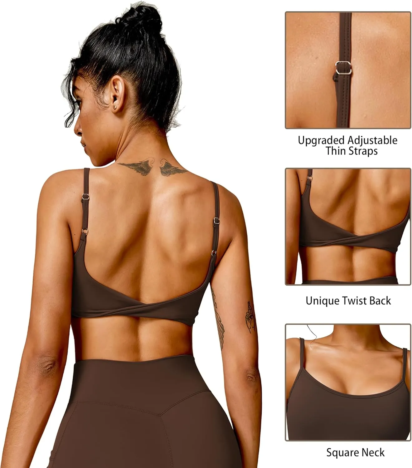 Open Back Sports Bra Workout Tops for Women Built in Bra Square Neck Crop Tank Top Yoga Bra Twist Back Cami