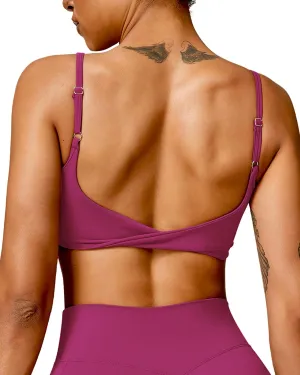 Open Back Sports Bra Workout Tops for Women Built in Bra Square Neck Crop Tank Top Yoga Bra Twist Back Cami