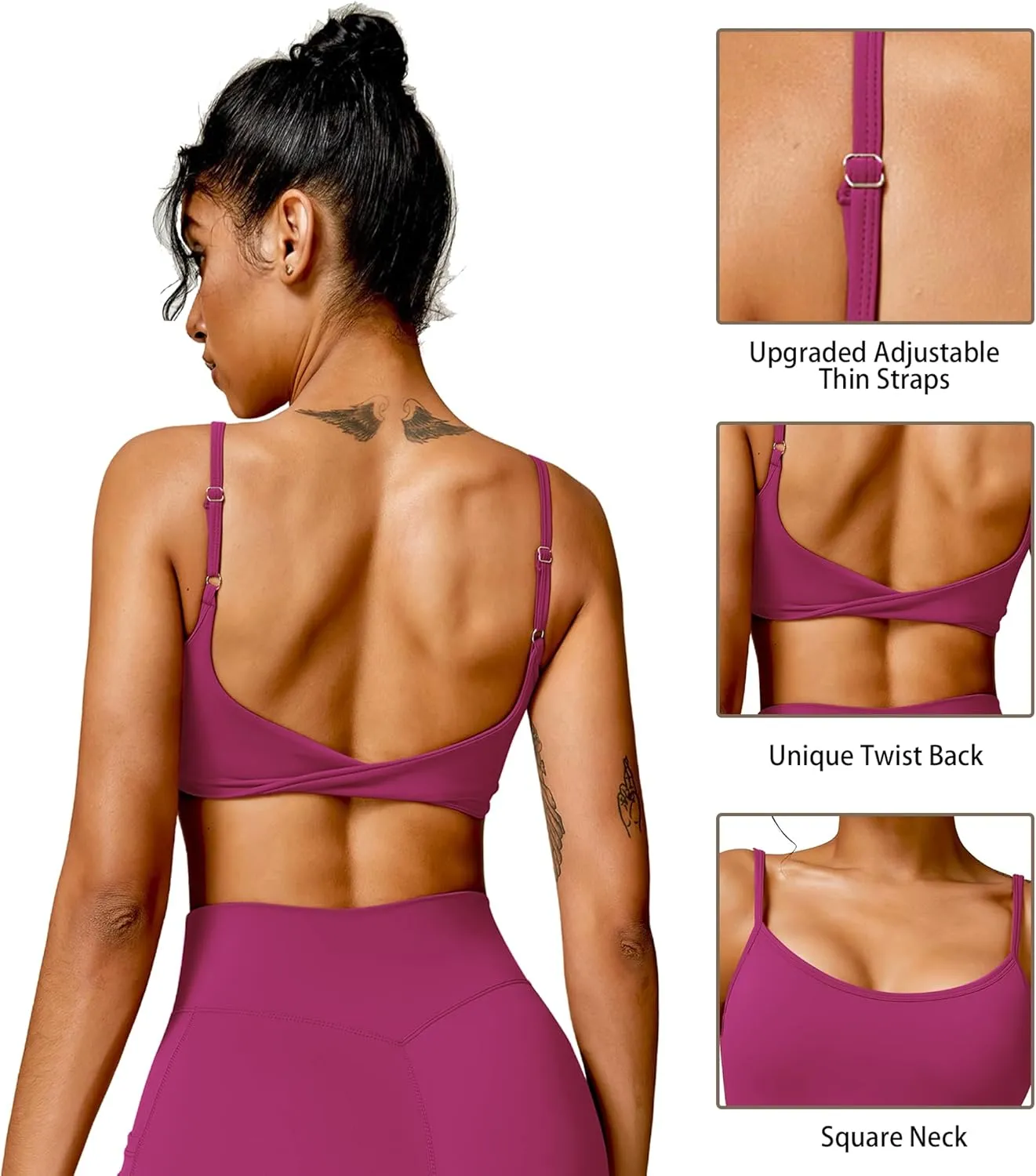 Open Back Sports Bra Workout Tops for Women Built in Bra Square Neck Crop Tank Top Yoga Bra Twist Back Cami