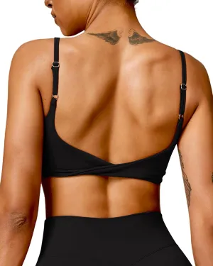 Open Back Sports Bra Workout Tops for Women Built in Bra Square Neck Crop Tank Top Yoga Bra Twist Back Cami