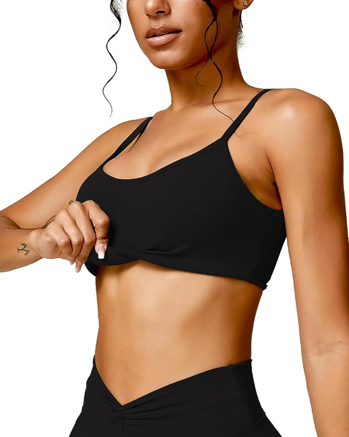 Open Back Sports Bra Workout Tops for Women Built in Bra Square Neck Crop Tank Top Yoga Bra Twist Back Cami
