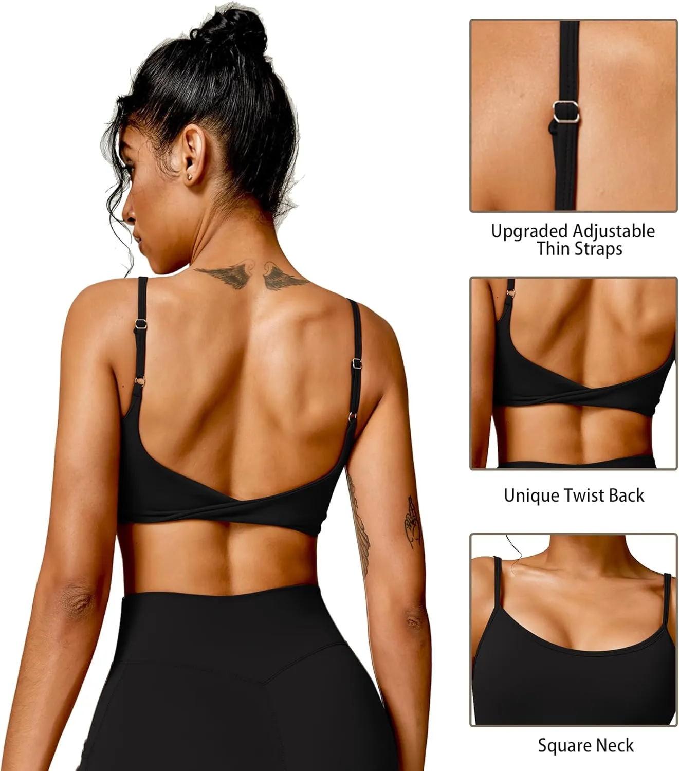 Open Back Sports Bra Workout Tops for Women Built in Bra Square Neck Crop Tank Top Yoga Bra Twist Back Cami