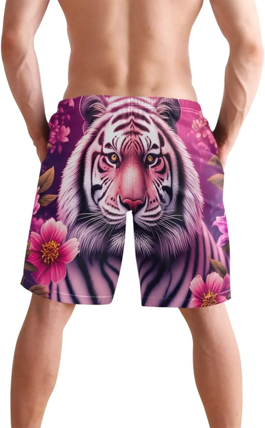 Painting White Tiger Flowers Men Swim Trunks Funny Quick Dry Elastic Shorts Surf Swimming Shorts Beach S