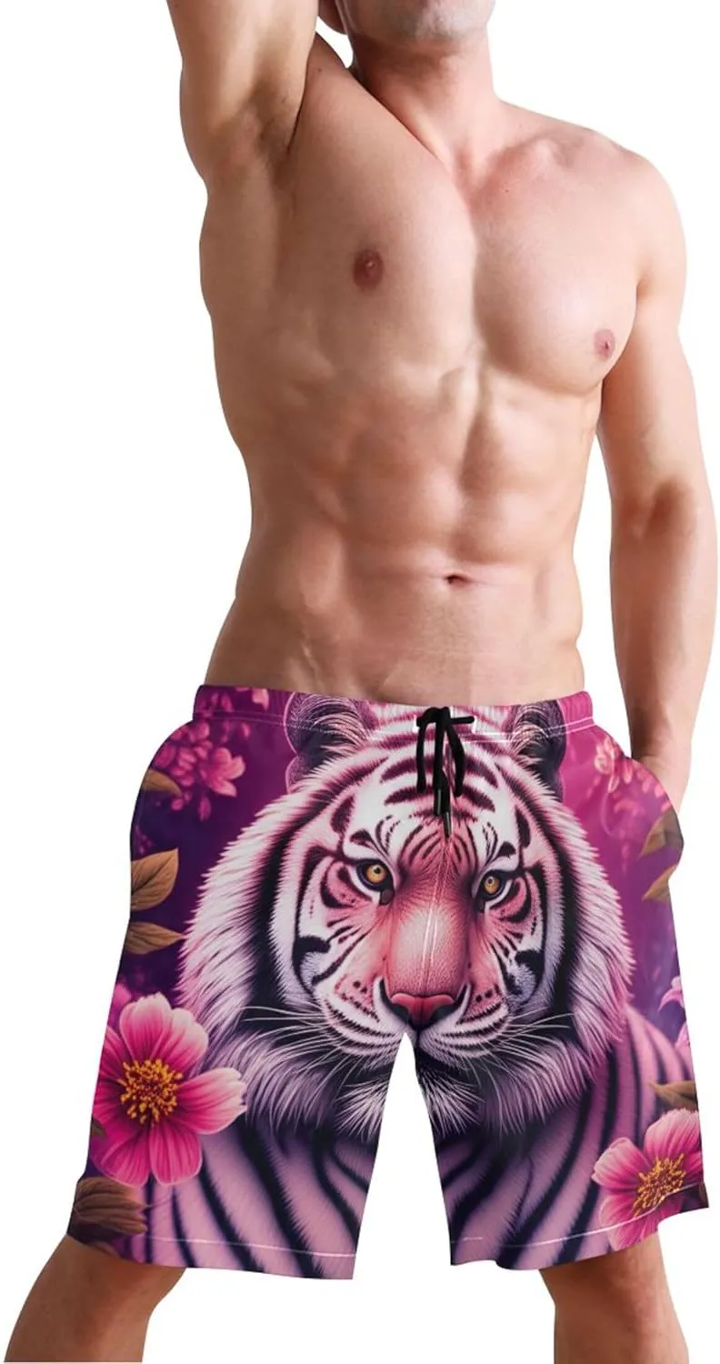 Painting White Tiger Flowers Men Swim Trunks Funny Quick Dry Elastic Shorts Surf Swimming Shorts Beach S