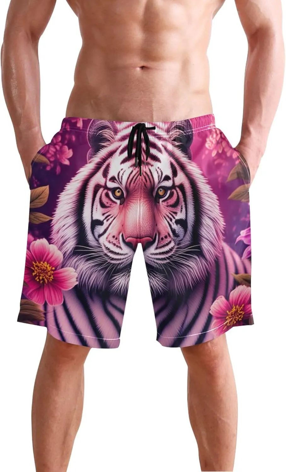 Painting White Tiger Flowers Men Swim Trunks Funny Quick Dry Elastic Shorts Surf Swimming Shorts Beach S