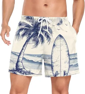 Palm Tree Surfboard Mens Swim Trunks with Compression Liner 4.7" Inseam Quick Dry Swimming Shorts#532