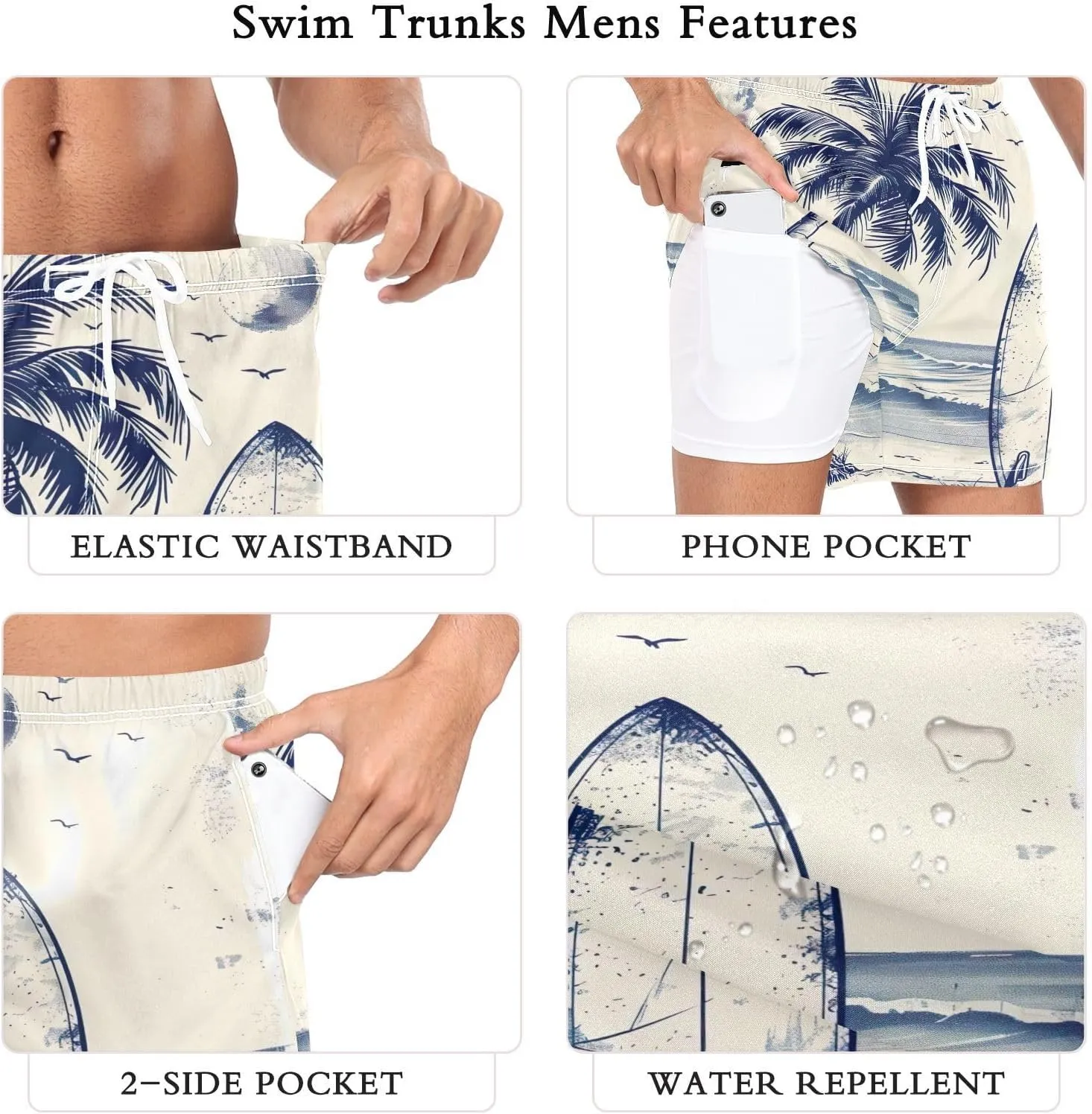 Palm Tree Surfboard Mens Swim Trunks with Compression Liner 4.7" Inseam Quick Dry Swimming Shorts#532