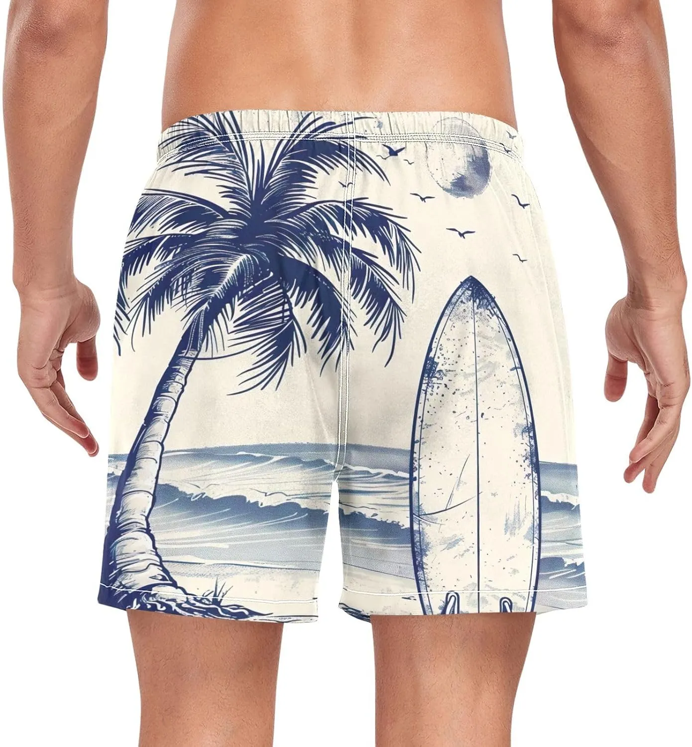 Palm Tree Surfboard Mens Swim Trunks with Compression Liner 4.7" Inseam Quick Dry Swimming Shorts#532