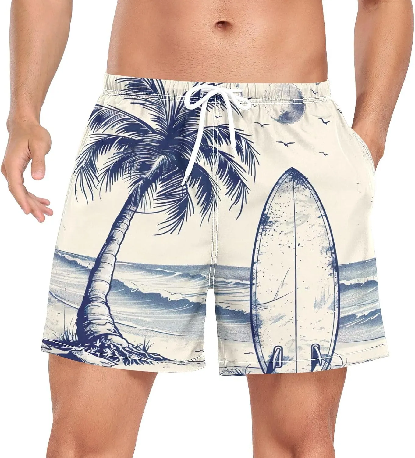 Palm Tree Surfboard Mens Swim Trunks with Compression Liner 4.7" Inseam Quick Dry Swimming Shorts#532