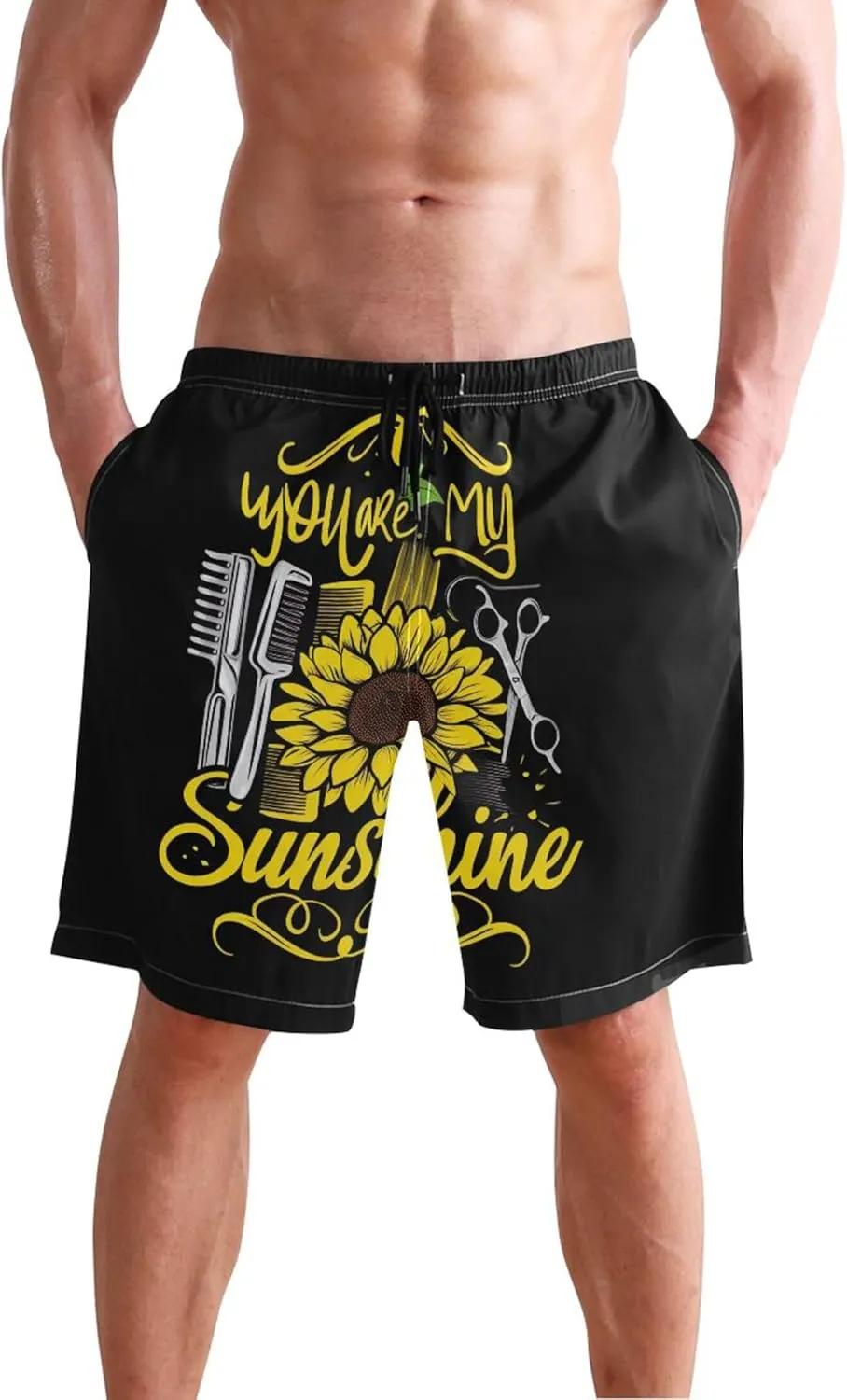 Personalized Men Swim Trunks Funny Sunflower Black Swimming Shorts Beach Quick Dry Elastic Shorts S