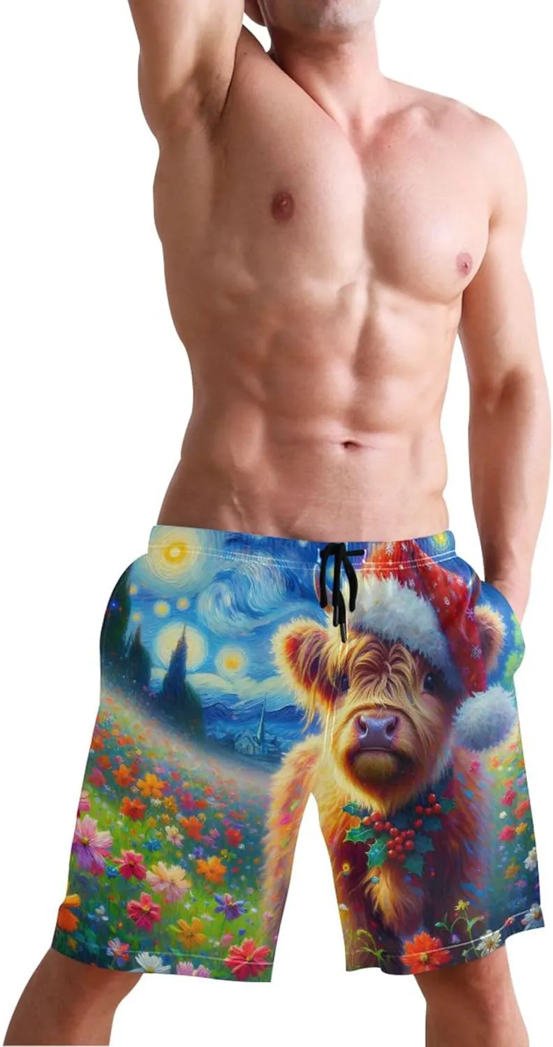 Personalized Mens Swim Trunks Funny Cute Highland Christmas Flowers Swimming Shorts Beach Quick Dry Bathing Suit S