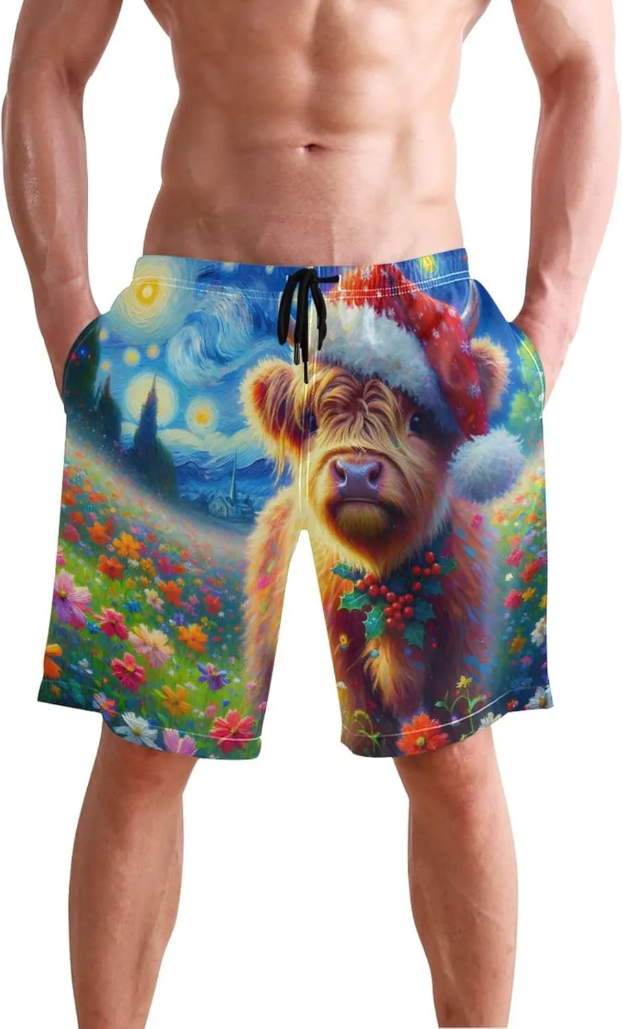 Personalized Mens Swim Trunks Funny Cute Highland Christmas Flowers Swimming Shorts Beach Quick Dry Bathing Suit S