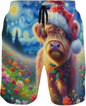 Personalized Mens Swim Trunks Funny Cute Highland Christmas Flowers Swimming Shorts Beach Quick Dry Bathing Suit S