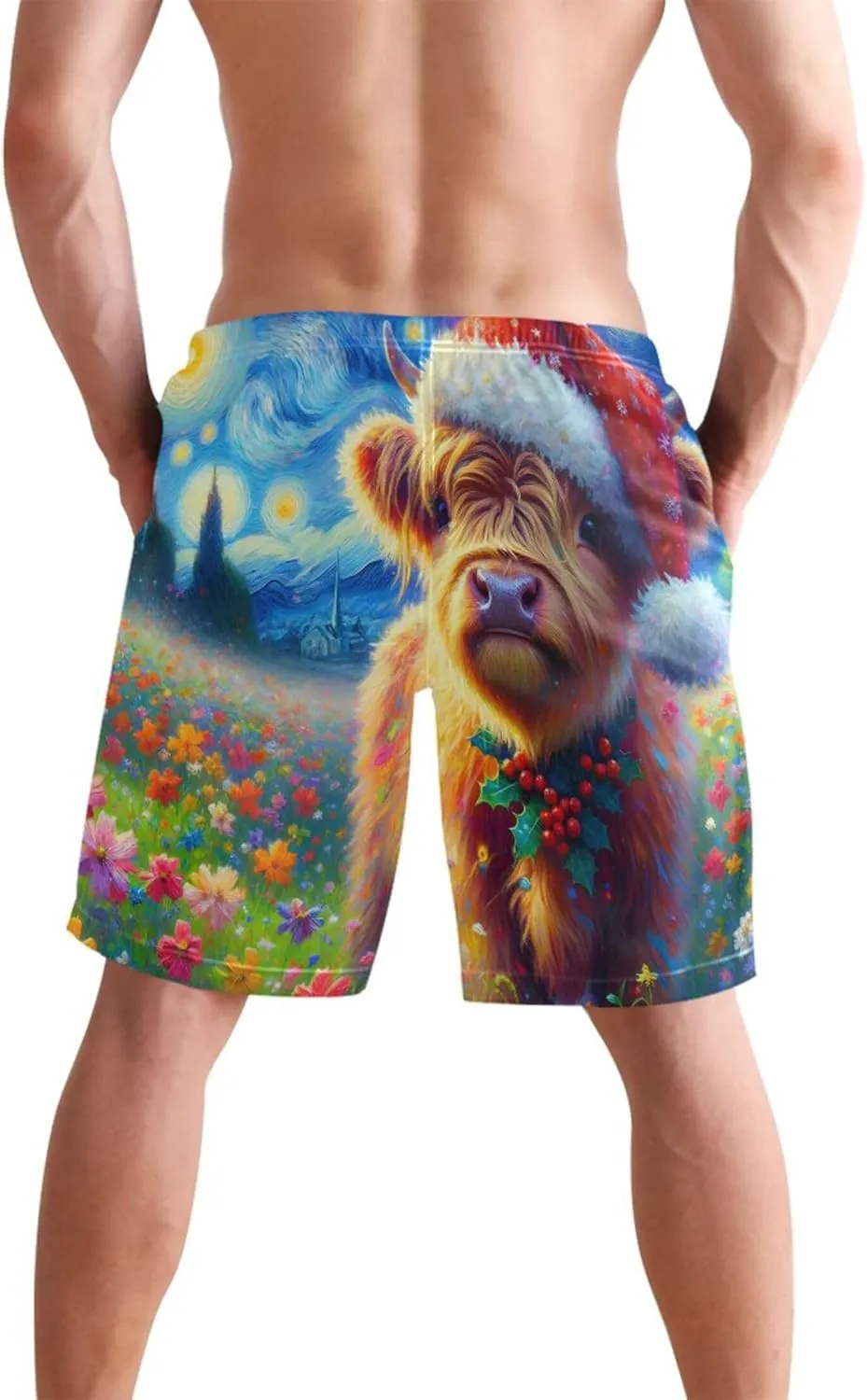 Personalized Mens Swim Trunks Funny Cute Highland Christmas Flowers Swimming Shorts Beach Quick Dry Bathing Suit S