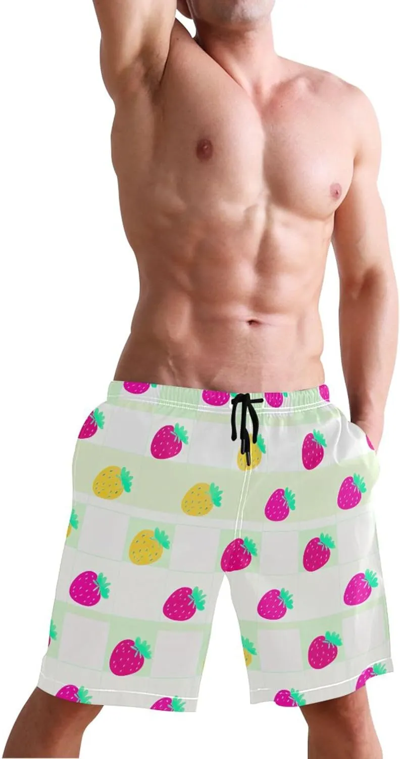 Pink Yellow Strawberry Swim Trunks for Men Board Swimming Shorts Vacation Quick Dry Swimwear S
