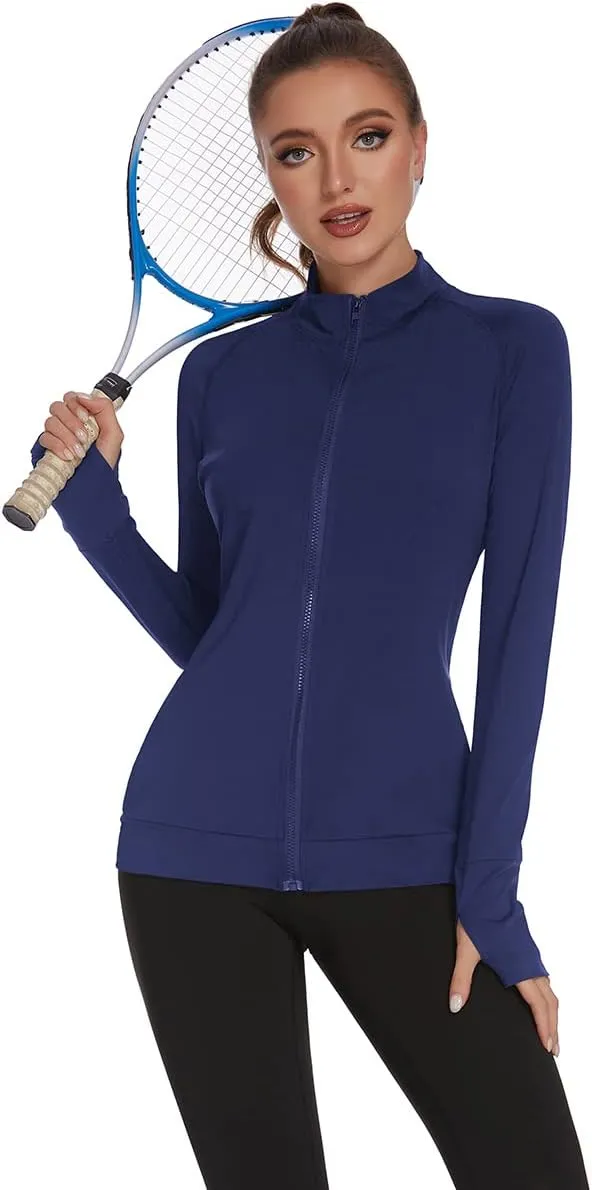 PINSPARK Lightweight Workout Jackets Womens Full Zip Slim Fit Athletic Running Jacket with Thumb Holes