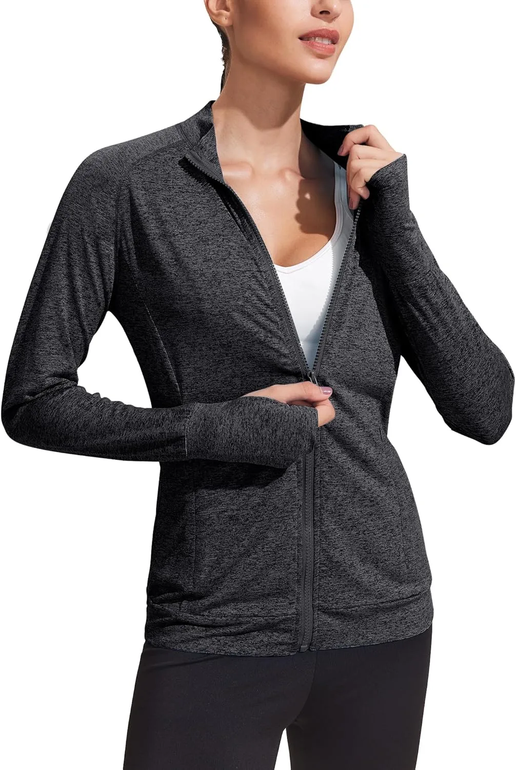 PINSPARK Lightweight Workout Jackets Womens Full Zip Slim Fit Athletic Running Jacket with Thumb Holes