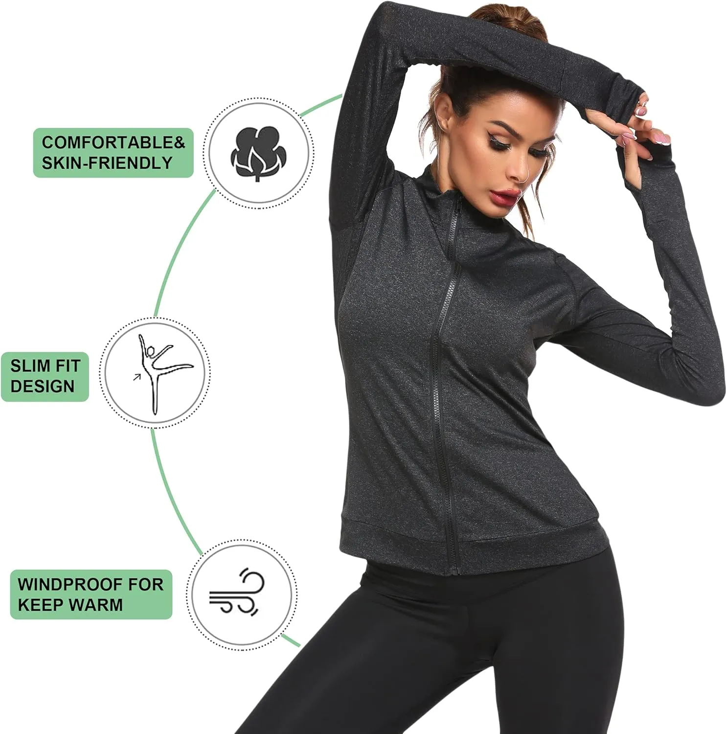 PINSPARK Lightweight Workout Jackets Womens Full Zip Slim Fit Athletic Running Jacket with Thumb Holes